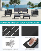 SERWALL HDPE Patio Furniture Set, 2 Pieces Outdoor Sectional Sofa Set, All-Weather Wood-Like Outdoor Sofa Couch with Coffee Table for Deck, Lawn, Black Frame with Grey Cushion