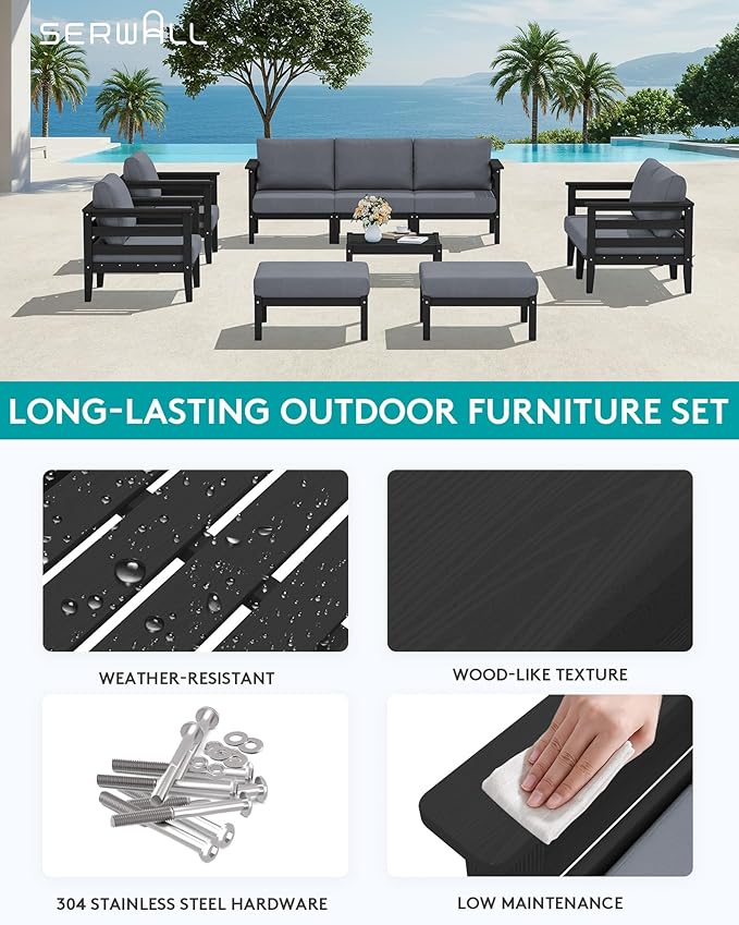SERWALL HDPE Patio Furniture Set, 10 Pieces Outdoor Sectional Sofa Set, All-Weather Wood-Like Outdoor Sofa Couch with Coffee Table for Deck, Lawn, Black Frame with Grey Cushion