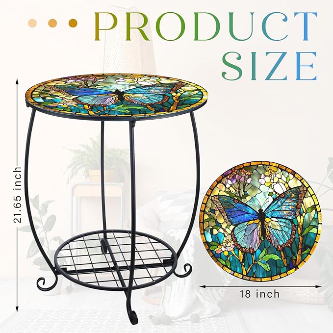Outdoor Side Table Round Small Mosaic Patio Accent Indoor End Plant Coffee Tea Table for Yard Patio Porch Garden Living Room, Bedroom(Butterfly Style,18 Inch)