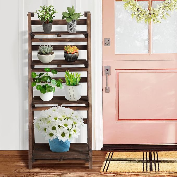Yaheetech Foldable Ladder Shelf Wooden Plant Stand Indoor Outdoor Shelves No Assembly Flower Display Multi-Functional Shelves Outdoor Storage Shelf for Living Room/Garden/Office/Kitchen Brown