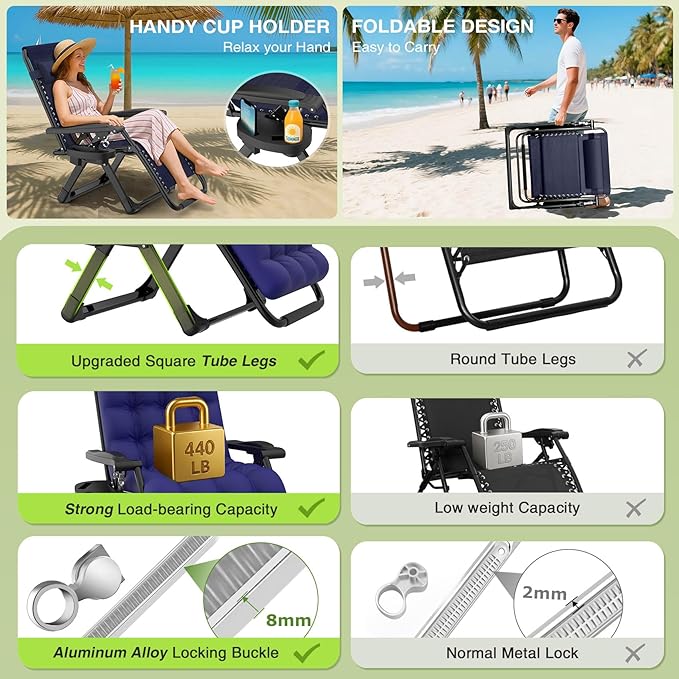 Suteck Zero Gravity Chair, Reclining Camping Lounge Chair w/Removable Cushion, Upgraded Lock and Cup Holder, Reclining Patio Chairs Folding Recliner for Indoor and Outdoor
