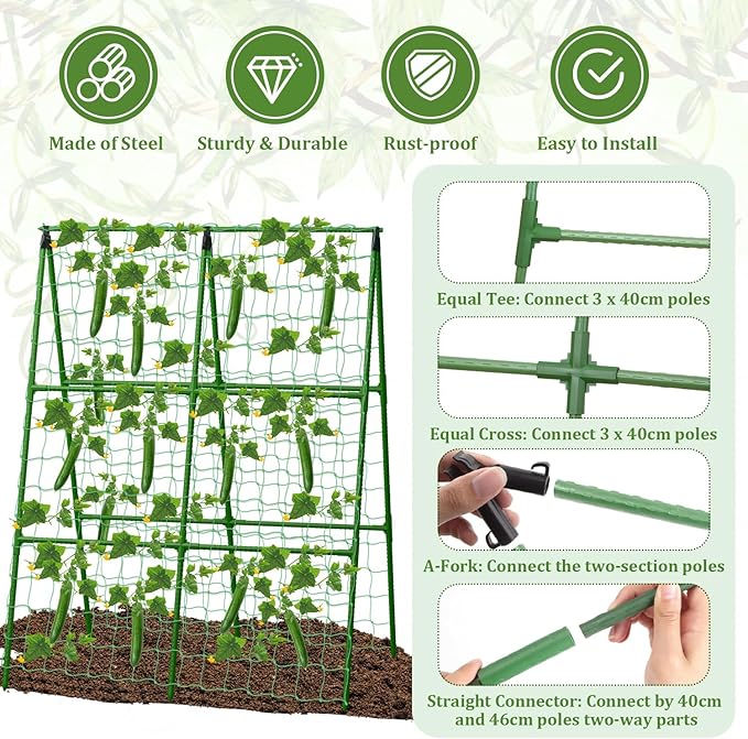 2 Packs Cucumber Trellis for Raised Beds, 31 X 47 Inch Adjustable Size A-Frame Garden Trellis for Climbing Plant Outdoors with Climbing Net and Plant Support Clip for Vegetable Grape Garden Supplies