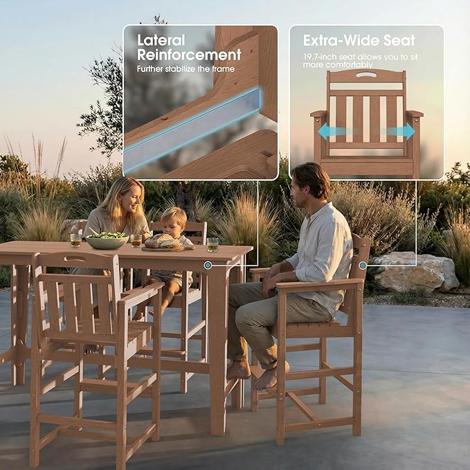 Ciokea Outdoor Bar Height Table Set of 5, 60" Extra Long Rectangle High Top Table and 4 Oversized Adirondack Chairs Set, Heavy-Duty All-Weather HDPE Patio Bar Set for Backyard Balcony Deck, Teak