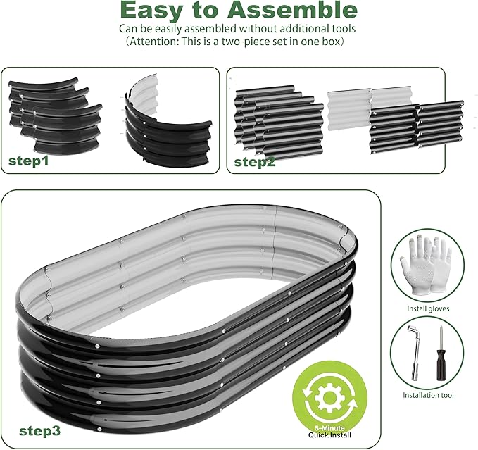 4x2x1ft-2pcs-Oval Raised Garden Bed Kit, Galvanized Planter Garden Boxes Outdoor, Metal Raised Garden Beds for Vegetables,Fruits, Flower,Black