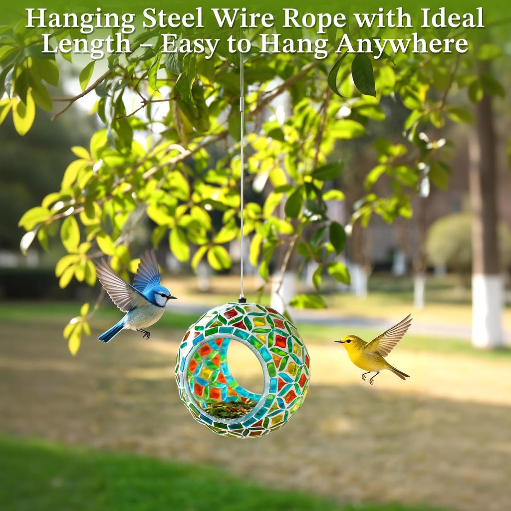 VOREEN Mosaic Glass Bird Feeder, Handcrafted Hanging Fly-Through Feeder for Outdoor Garden & Backyard, Decorative Wild Bird Feeder with Steel Wire Cable – Natural Blue & Green Mosaic Style