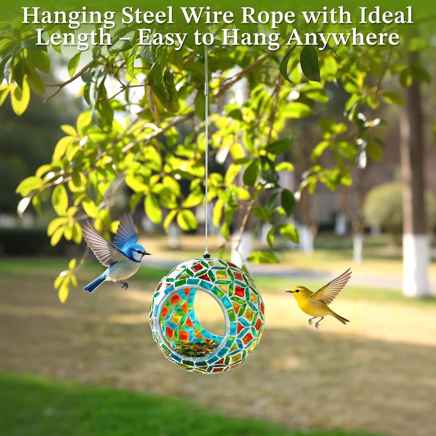 VOREEN Mosaic Glass Bird Feeder, Handcrafted Hanging Fly-Through Feeder for Outdoor Garden & Backyard, Decorative Wild Bird Feeder with Steel Wire Cable – Natural Blue & Green Mosaic Style