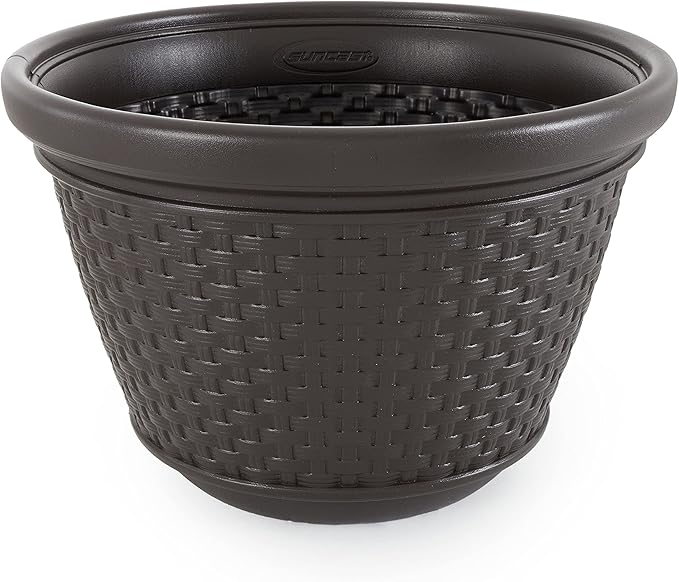 Suncast 2 Pack Decorative Wicker Garden Hose Holder Pot with 4 Drain Holes for 100 Foot Hoses, Java