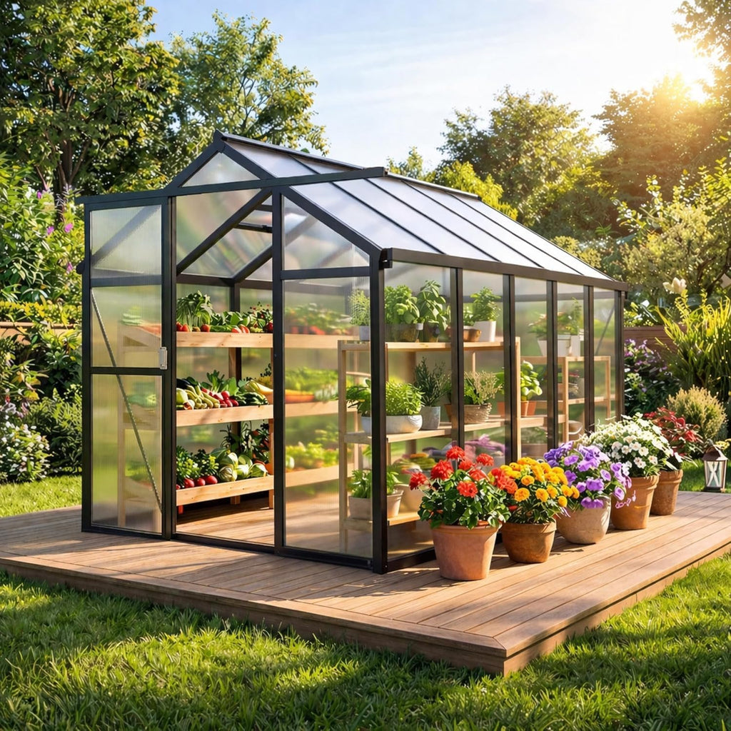 6x8 ft polycarbonate walk-in greenhouse with roof vent, main product view