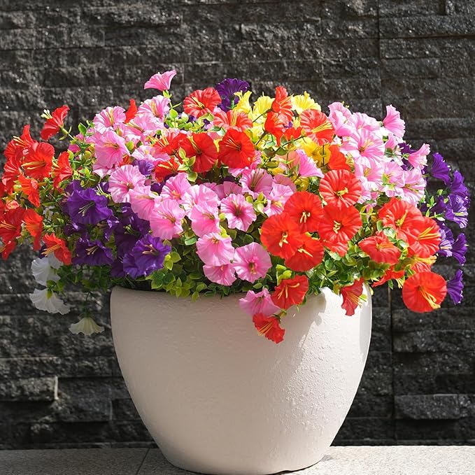 Artificial Flowers for Outdoors, UV Resistant Fake Silk Morning Glory, Realistic Faux Plants for Outside Porch Patio Window Box Hanging Planter (12, Purple White Yellow Pink Red)