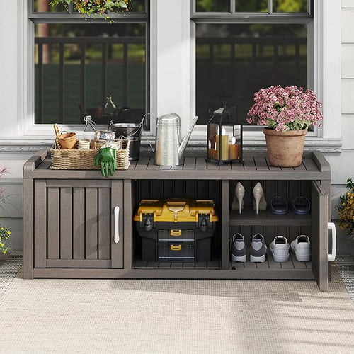 2-Tier Storage Bench, Waterproof UV-Resistant Outdoor Shoe Storage Cabinet with 2 Doors & Adjustable Shelves for Indoor Outdoor Entryway, Hallway, Living Room(Grey)