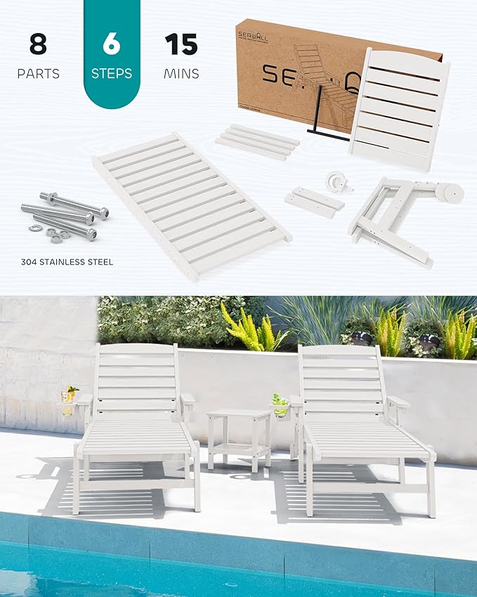 SERWALL Patio Chaise Lounge Chair Set of 4, 5 Positions Adjustable Poly Outdoor Lounger for Pool, HDPE Lounge Chair with Rolling Wheels & Cup Holder for Poolside, Deck, White