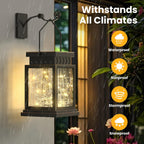 2 Pack Farmhouse Solar Lanterns , Water Ripple Glass & Copper Wire Flickering Light,Outdoor Waterproof Upgraded Solar and 2 AA Batteries Powered, for Outside Porch, Patio and Indoor Tables.