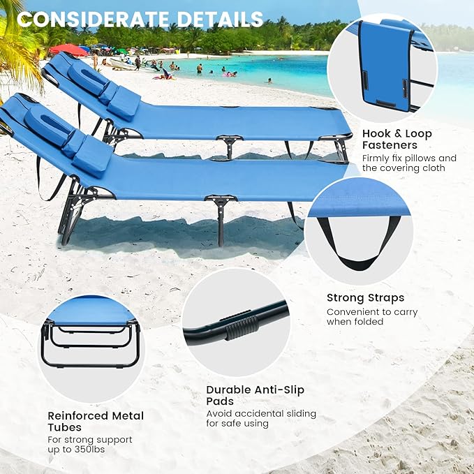 GYMAX Tanning Chair, 350lbs Beach Lounge Chair with Face Hole, Washable Pillow & Carry Strap, Adjustable Folding Chaise Lounge, Layout Lounger for Outside, Patio, Poolside, Lawn (2, Blue)