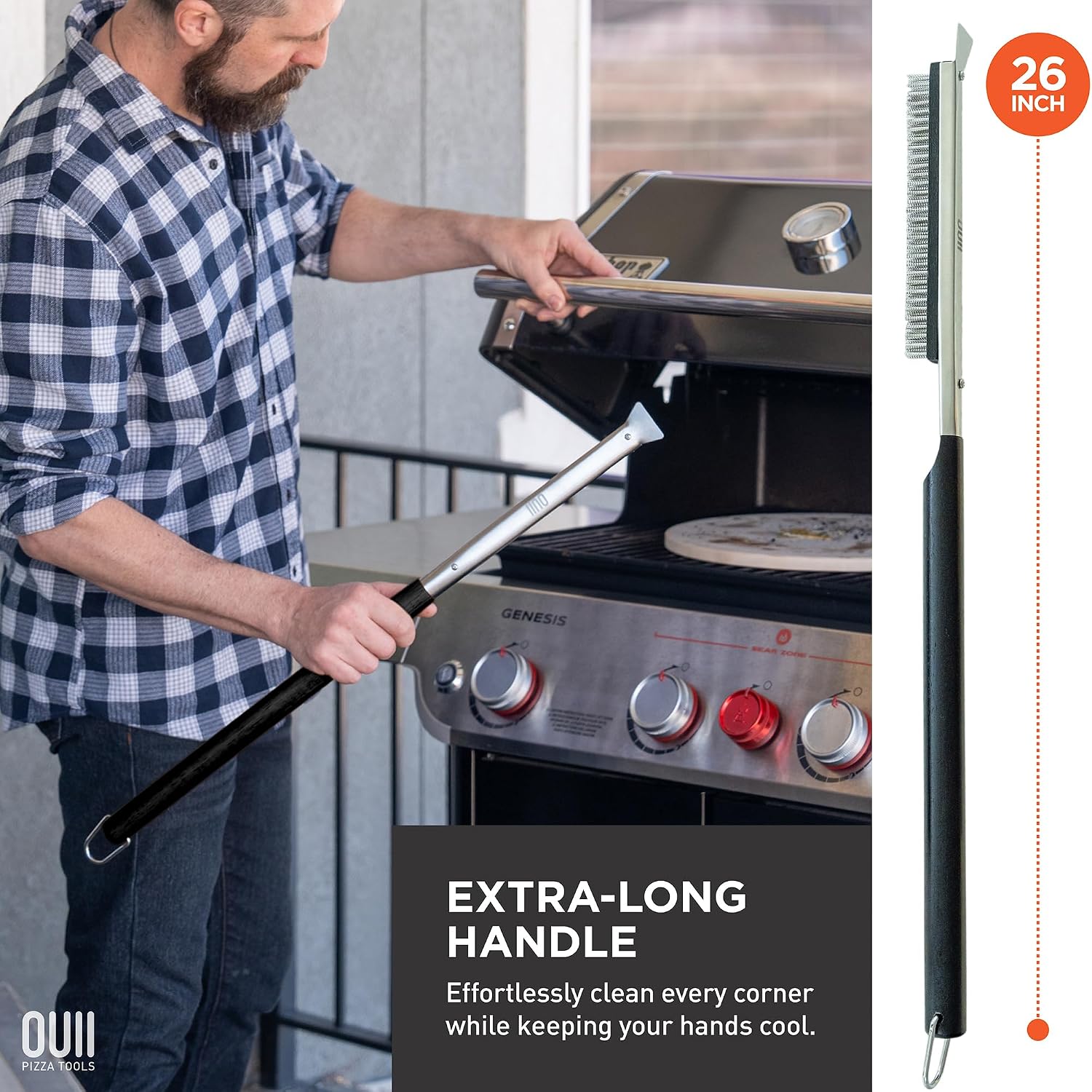 26'' Pizza Oven Brush with Stone Scraper - Includes 2 Brush Heads, Heat-Resistant Silver Stainless Steel Bristles - Long Grip Handle, Compatible with Ooni, Gozney, Blackstone, Solo Stove Ovens