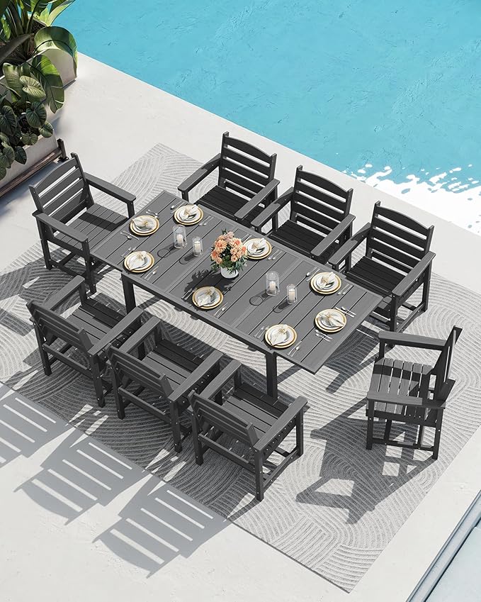 SERWALL 7-Piece Patio Dining Sets, 60" - 83" Expandable Outdoor Dining Table and 6 HDPE Chairs, All Weather HDPE Outdoor Furniture Set for Backyard, Garden, Grey