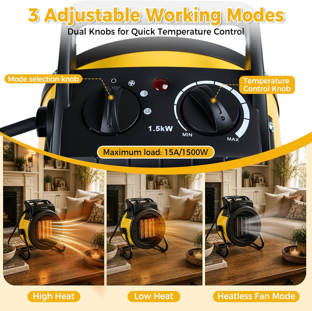 greenhouse heater with thermostat, 1500w outdoor heater, yellow showing dimensions