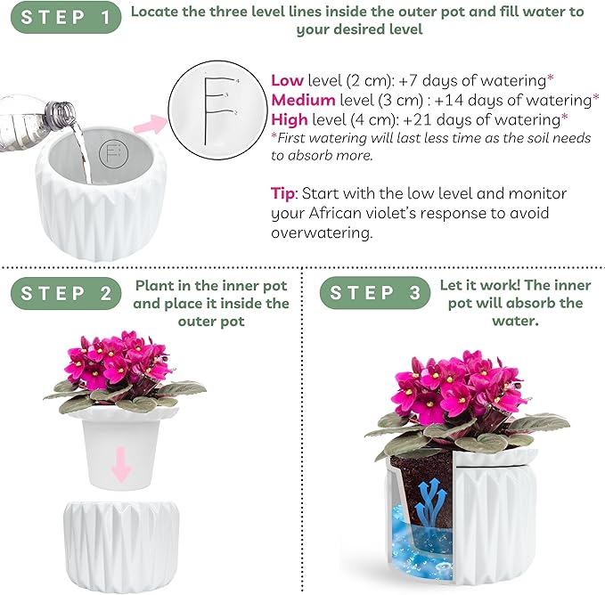 6 Inch African Violet Pots Self Watering, Ceramic Planter with Water Reservoir and Fill Lines, 4 Inch Opening, Indoor Flower Pot, Holds 3 Weeks of Water (2 Pack White)