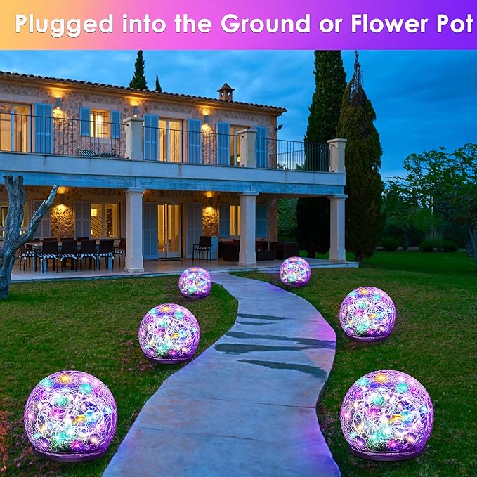 Solar Garden Lights, 2 Pack 80 LED Multicolor Cracked Glass Solar Outdoor Lights Decorative, Upgraded Waterproof Ball Light for Yard Pathway Patio Lawn Christmas Outside Decor, 5.9"