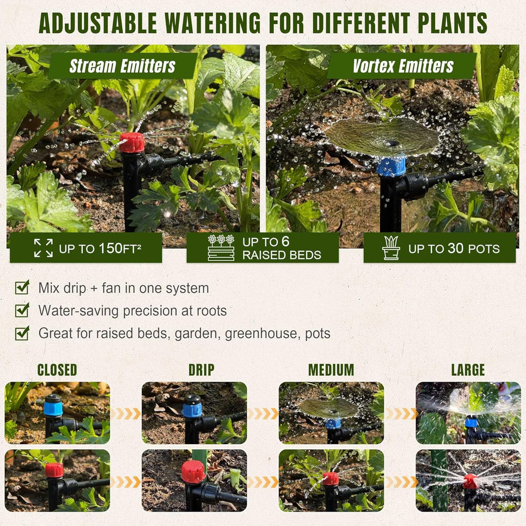 push-to-connect drip irrigation system kit, complete premium garden showing dimensions