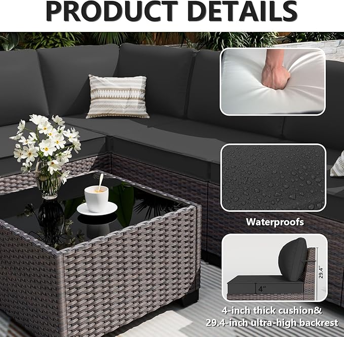 ALAULM 7 Pieces Patio Furniture Set with Fire Pit Table 55000BTU, Oversized Seat/Armrest and High Back Wicker Conversation Set with Thick Cushion for Backyard, Garden, Black