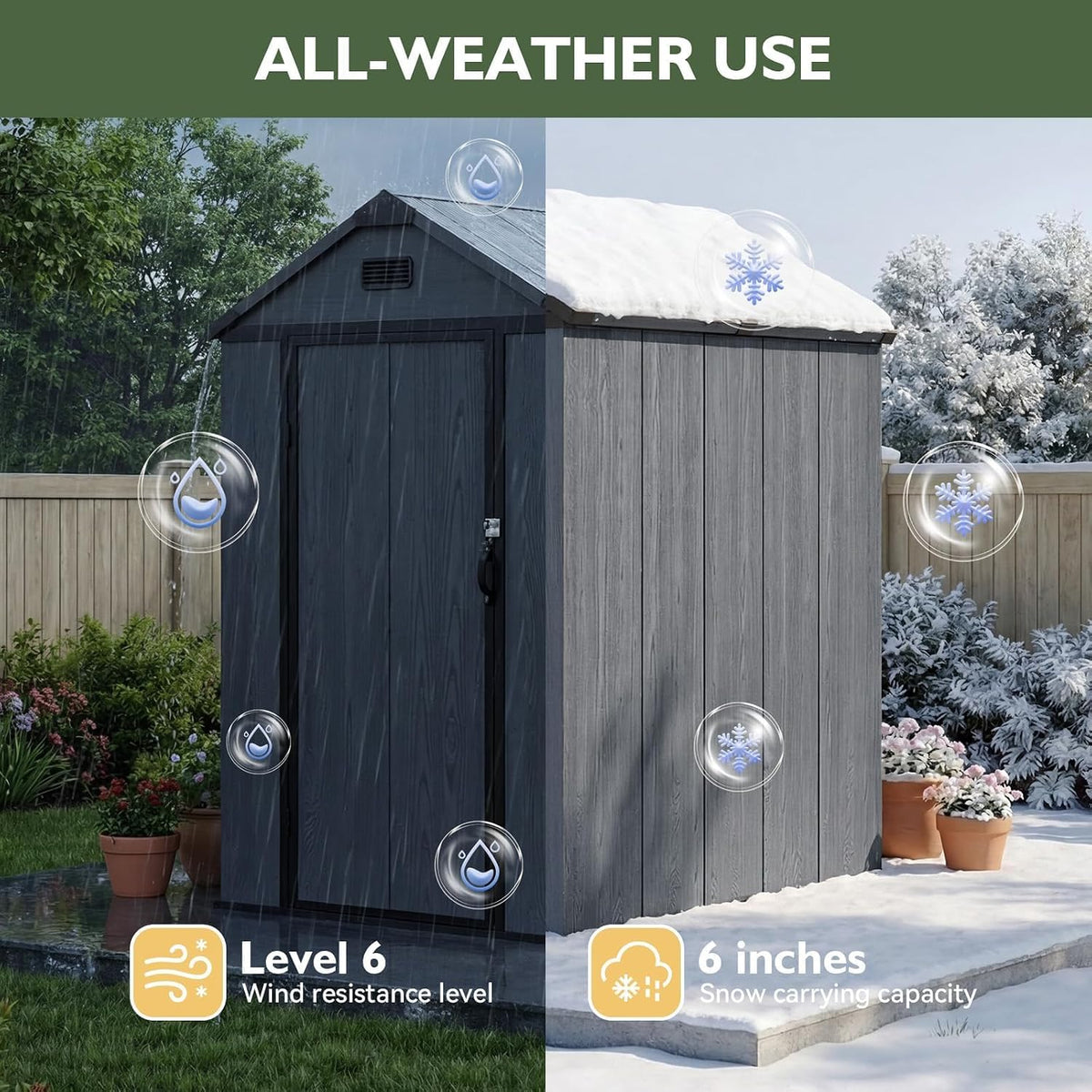aoxun 4×6 ft all-weather resin storage shed, dark, side view