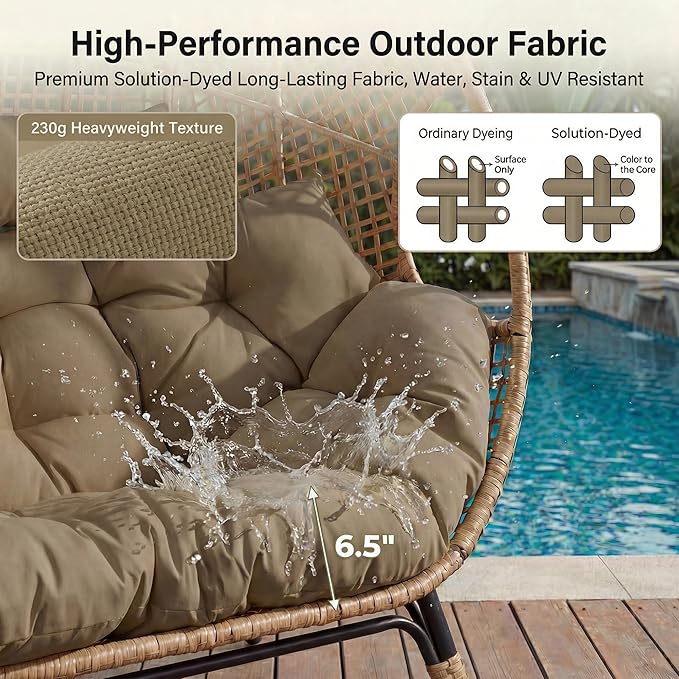 NICESOUL Indoor Outdoor Double Egg Chair with Footstools & 6.5" Thick Cushions, Oversized Wicker Egg Shaped Chair with Footrest, Stationary 2 Seater Comfy Loveseat for Patio Backyard Garden Sunroom