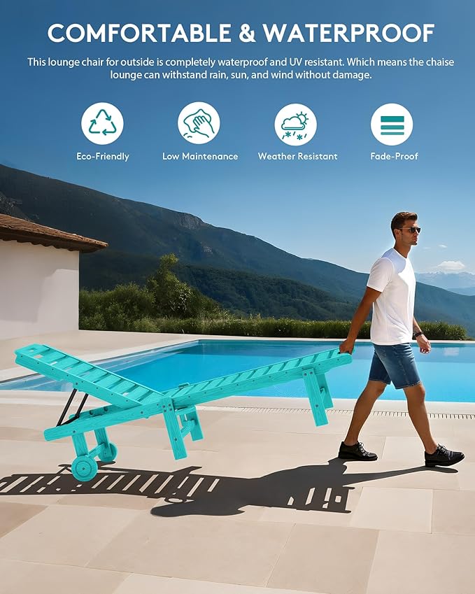 SERWALL Outdoor Chaise Lounge Set of 4, 78" Patio Lounge Chair with 5 Positions Adjustable Backrest, HDPE Lounger with Rolling Wheels & Cup Holder for Poolside, Beach, Garden, Aruba