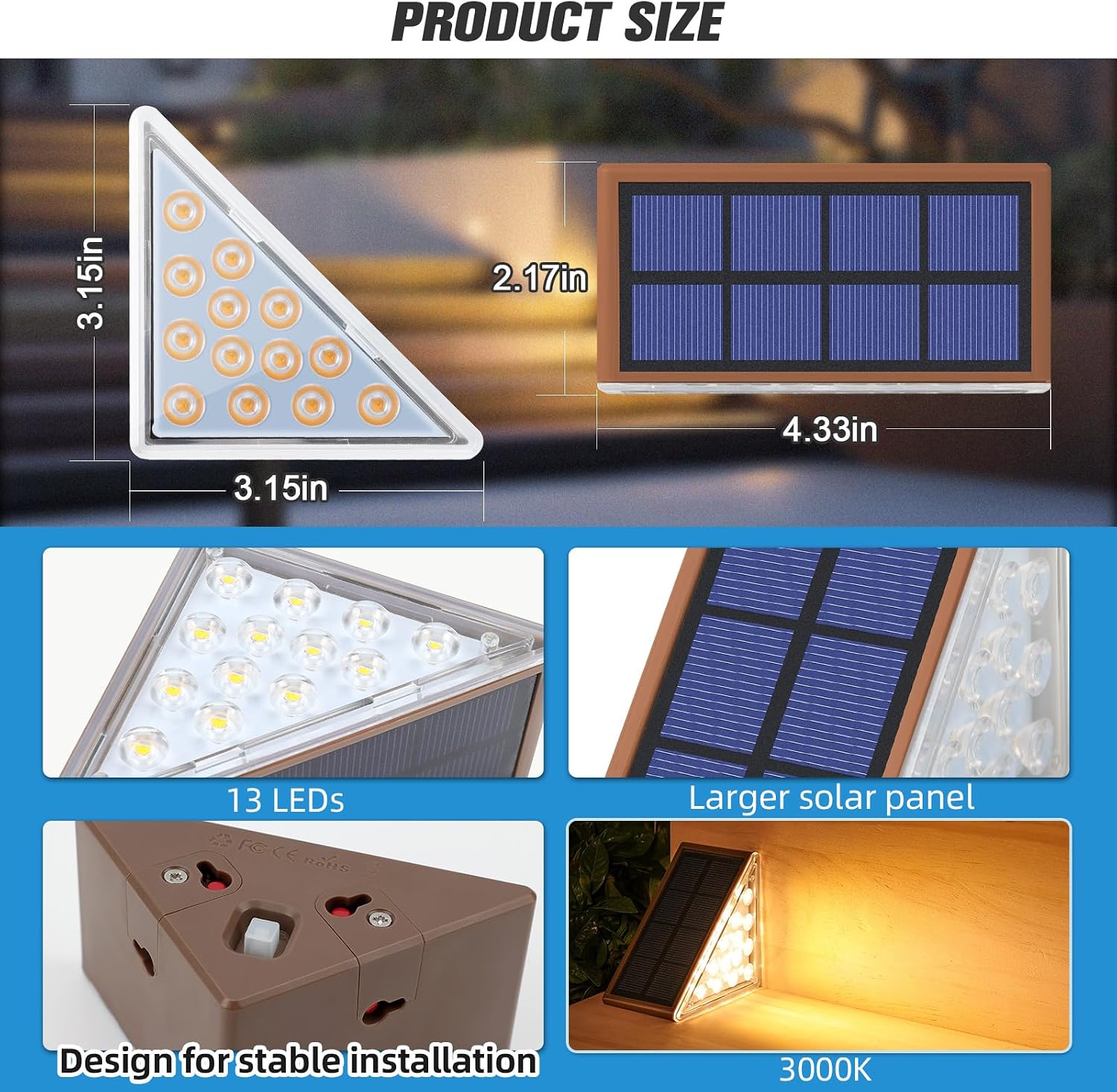 Solar Stair Lights,Warm White Outdoor Step Lights IP67 Waterproof Auto On Off, Outdoor Stair Lights for Steps,Stair,Patio,Yard,Porch,Front Door,Sidewalk,Deck Decor（Brown, 6 Pack）