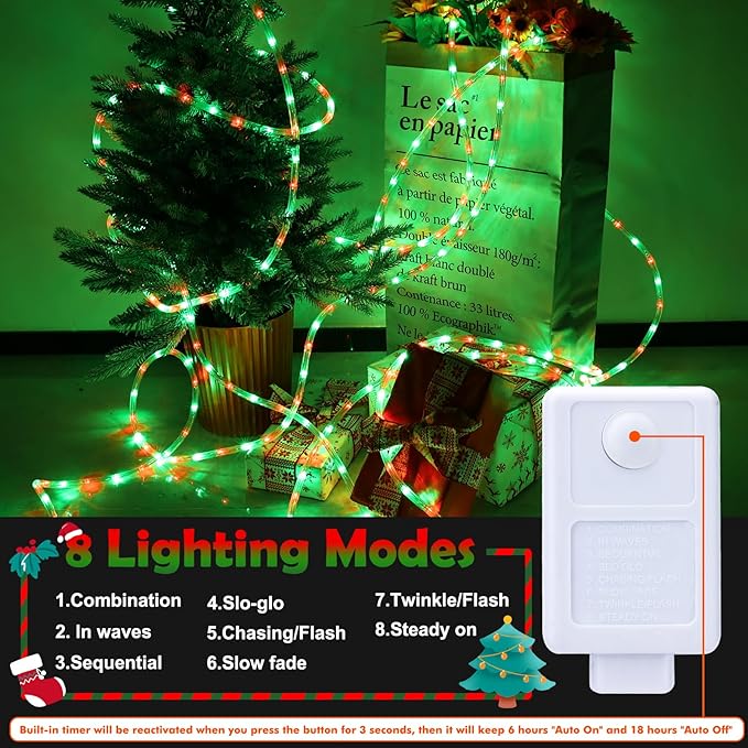 100ft LED Rope Lights Outdoor, 720 LED Connectable and Flexible Tube Lights with 8 Modes, Waterproof LED Rope Lighting for Garden Patio Pool Bedroom PartyIndoor Outdoor Christmas Decor (Red & Green)