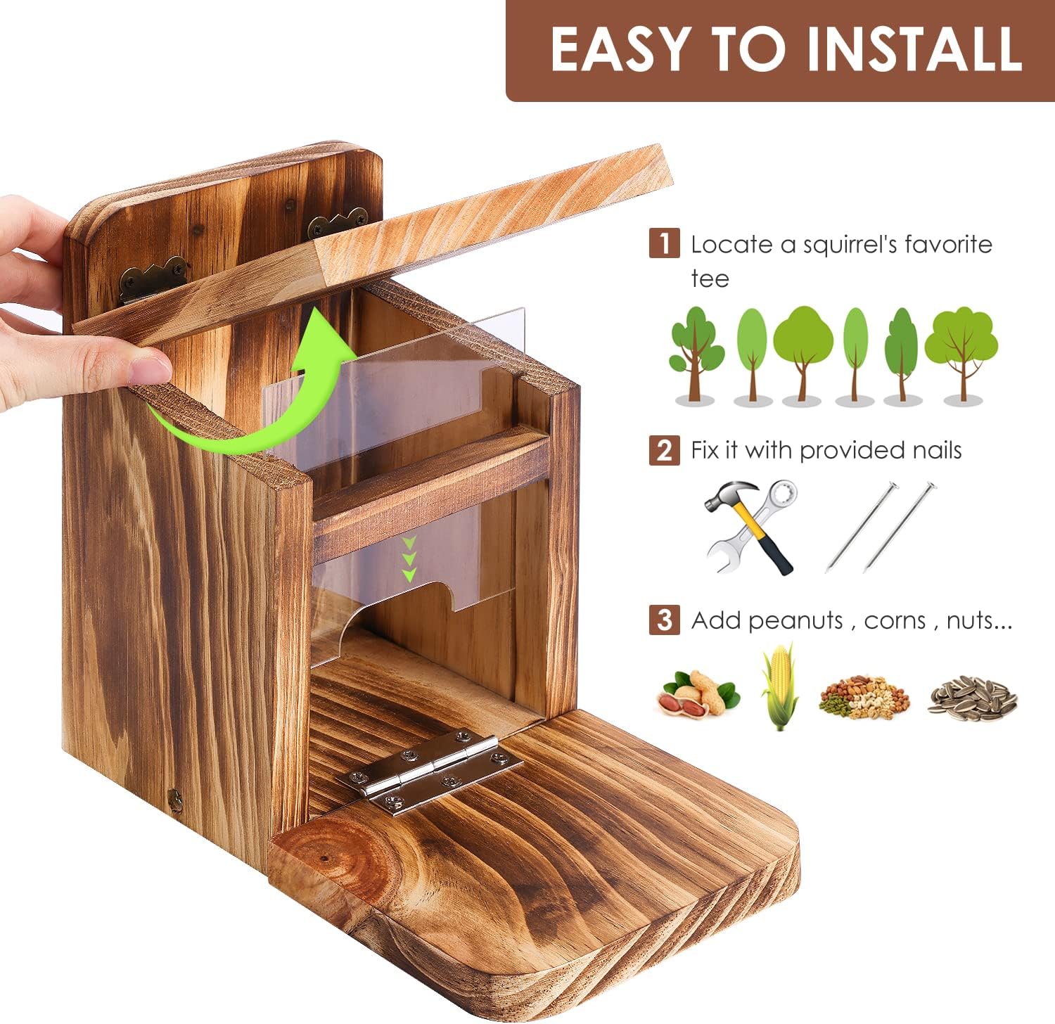 Wooden Squirrel Feeder Box, Sturdy Squirrel Feeding House with Thickness 1.5CM Wood, No Assembly Required, for Backyard Outside Garden (1 PCS)