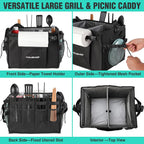 HAUSHOF Large Grill and Picnic Caddy with Paper Towel Holder | Condiment Pocket, Foldable BBQ Organizer Easy Carry Griddle Caddy for Camping, RV, Outdoor Waterproof Oxford Cloth (Black)