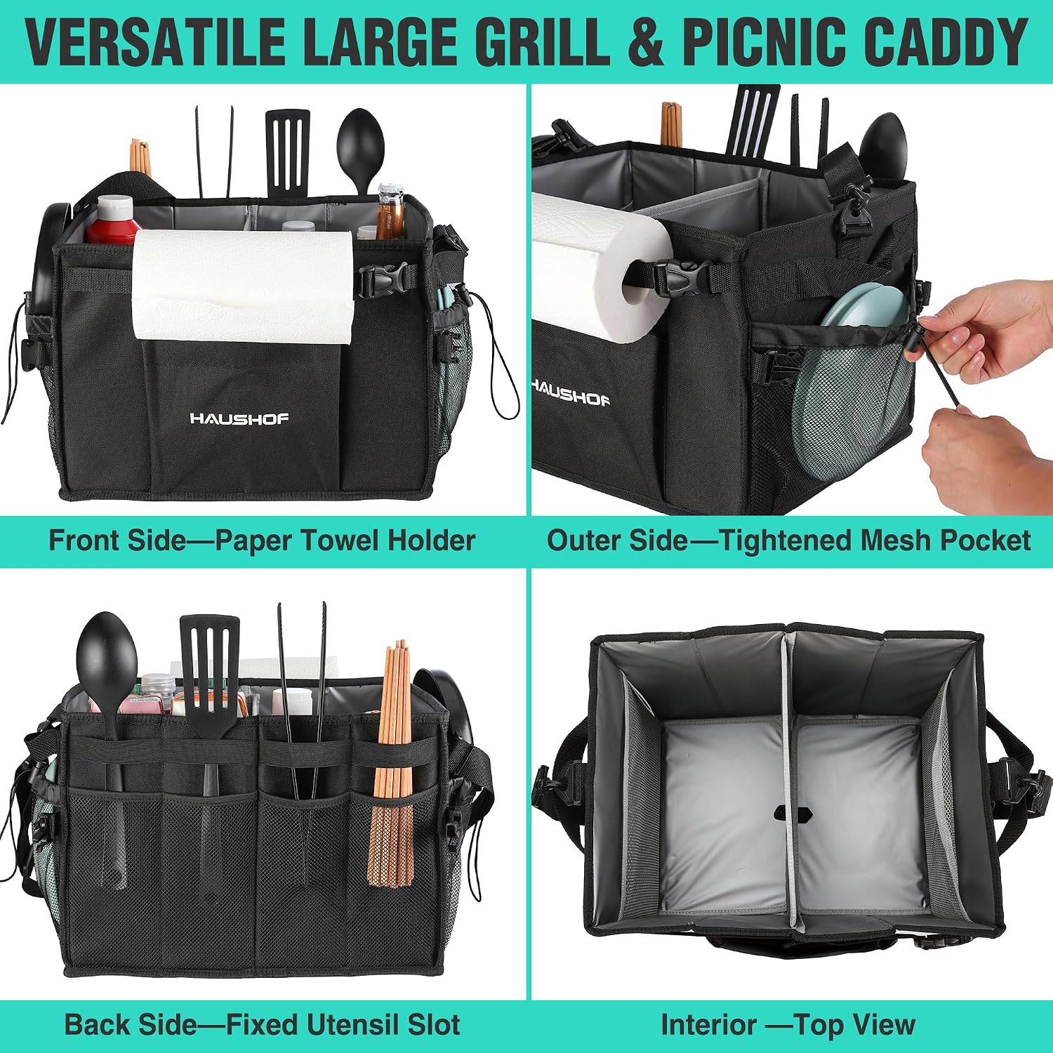 HAUSHOF Large Grill and Picnic Caddy with Paper Towel Holder | Condiment Pocket, Foldable BBQ Organizer Easy Carry Griddle Caddy for Camping, RV, Outdoor Waterproof Oxford Cloth (Black)