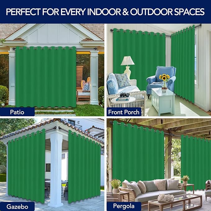 PureFit Outdoor Curtains for Patio Waterproof Weatherproof, UV Resistant Outside Curtains for Gazebo, Front Porch, Pergola, Sun Blocking Privacy Curtain, 150W x 95L inch, 1 Panel, Green