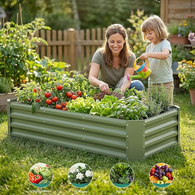 Galvanized Raised Garden Bed - 4x2x1ft Metal Garden Planter Box Outdoor | Steel Raised Bed Kit with Bracing Rods, Gloves for Gardening Vegetables Fruits and Flowers (Oliver Green)