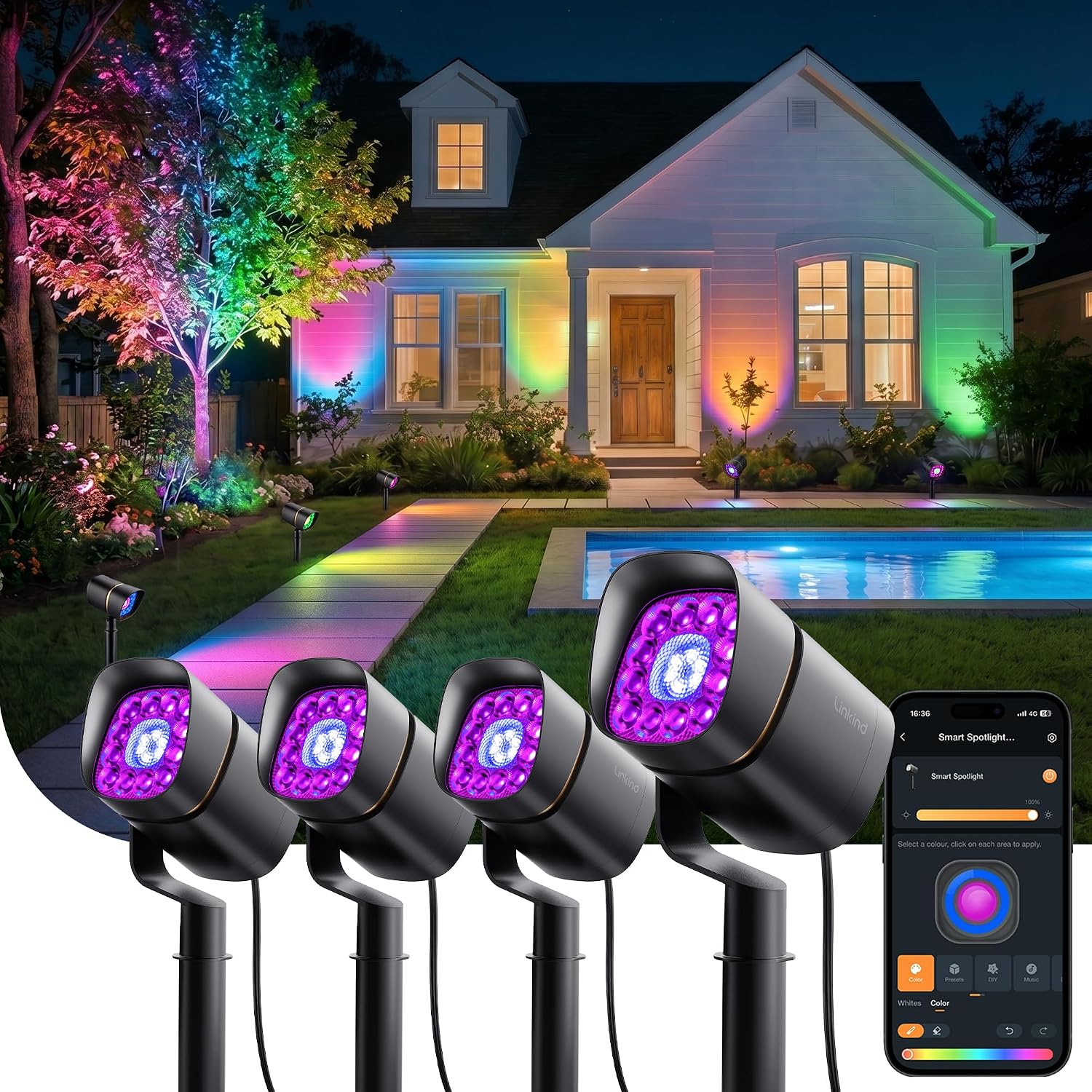 Linkind Smart Low Voltage Landscape Lighting 12-24V Dual Ring RGBW 4 Pack | SL6LV Outdoor Spotlights, Required Transformer & Wire, 800LM, 8W, Bluetooth, Metal, IP65 Waterproof, for Yard, Garden, Tree