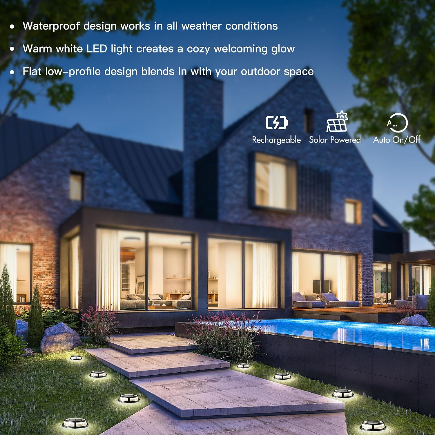 Solar Ground Lights, Outdoor Solar Deck Light, Flat Disc Lights, Waterproof Landscape Light for Garden Lawn Yard Fence Pathway - Durable Aluminum Frame with a Sturdy Metal Stake