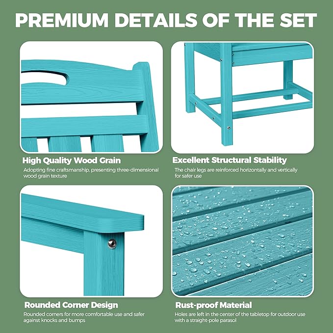 HDPE Outdoor Dining Set, Patio Table and Chairs Set, All-Weather 5-Piece Outside Table and 4 Chairs, 2" Umbrella Hole, Outdoor Furniture for Garden, Poolside, Backyard, Deck | Lake Blue