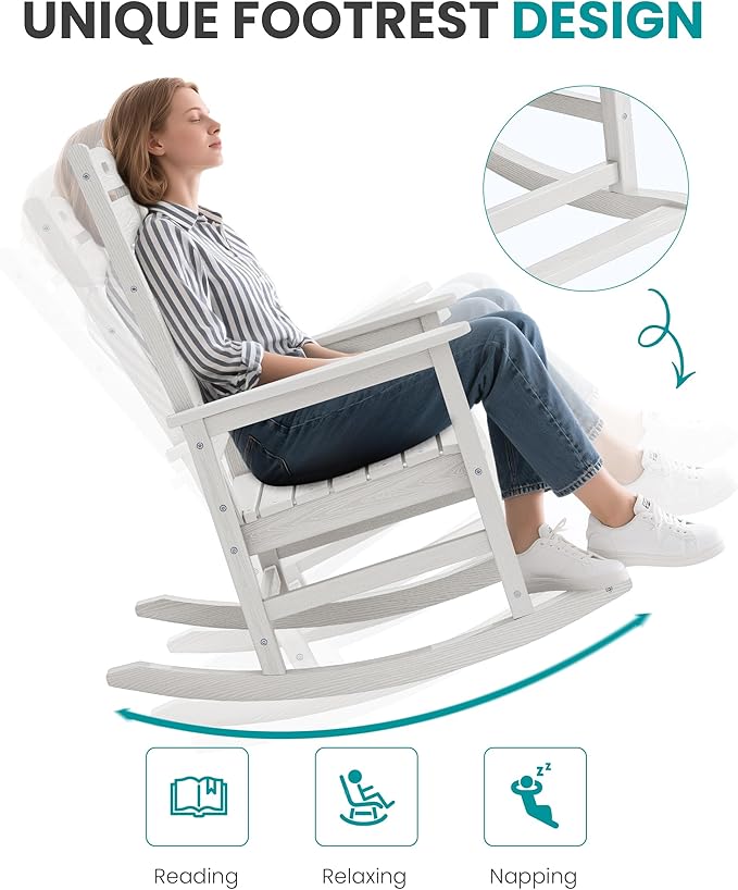 SERWALL Outdoor Rocking Chair Set of 4, Oversized HDPE Patio Rocking Chair with Footrest for Adults, All Weather Porch Rocker for Deck Patio Balcony, White