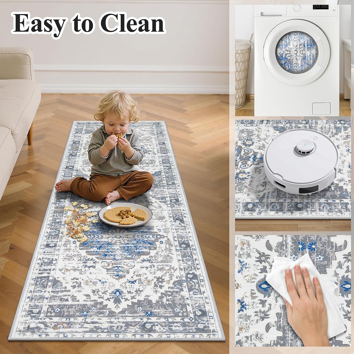 Ileading Washable Hallway Runner Rugs, 2x8 Non Slip Runners Area Rug for Entryway Kitchen Bathroom Bedroom Laundry Living Room, Long Narrow Low-Pile Floor Carpet Boho Vintage Throw Mat for Kids Room