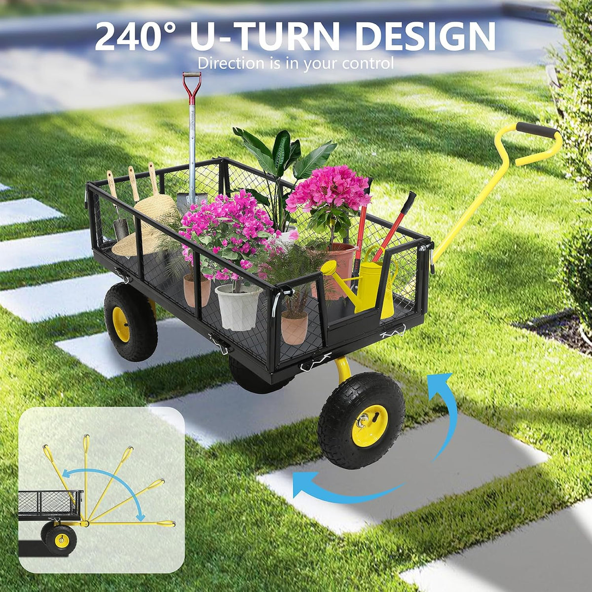 steel garden cart, 2-in-1 heavy duty utility wagon, side view