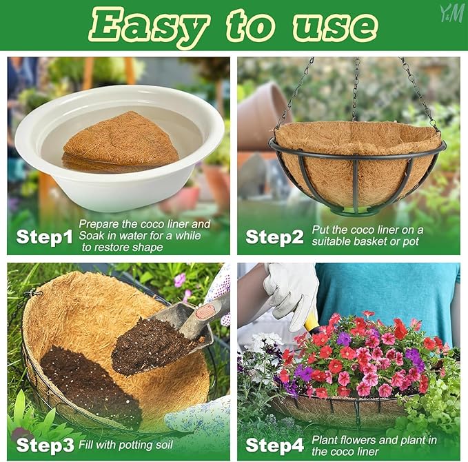 Y&M 4pcs 14“ Round Coconut Fiber Liner, 14'' Coco Liner Pre-Formed Replacement for Wall Hanging Planter Basket