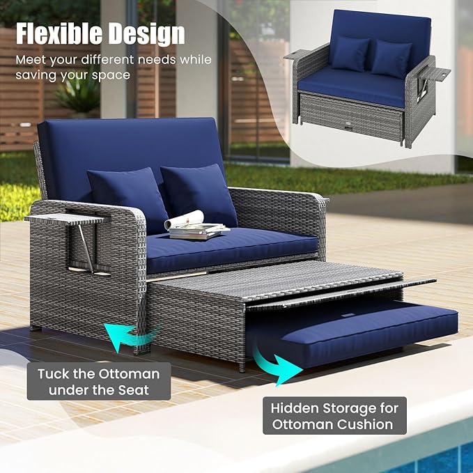 LDAILY Moccha Outdoor Daybed, Wicker Loveseat Sofa Set with 4-Postion Adjustable Backrest, Storage Ottoman, Cushions, Rattan Double Bed Lounger, Patio Furniture Set (Mixed Gray+Navy)