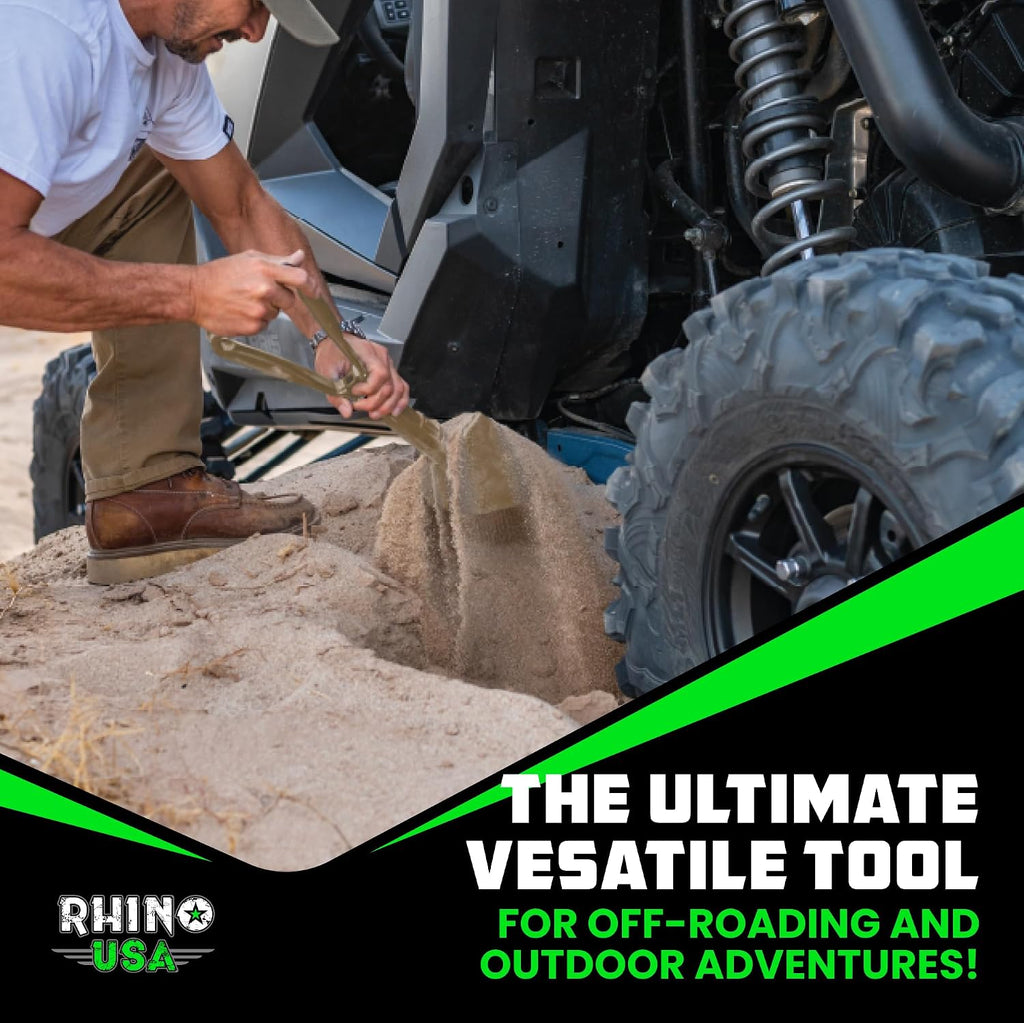 rhino usa folding survival shovel with pick on a desk or shelf