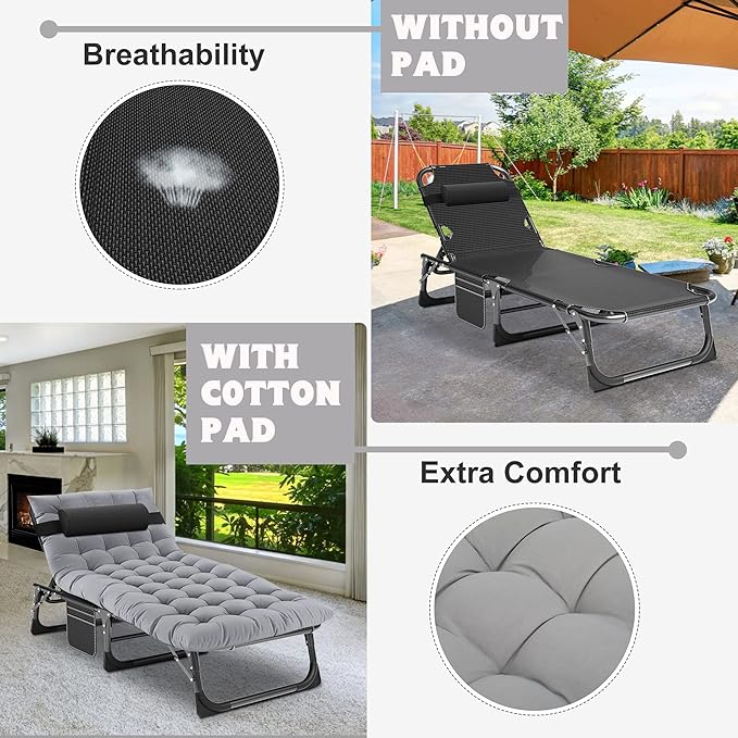 ABORON Chaise Lounge Chair,5 Positions Padded Outdoor Tanning Chair,Heavy Duty Portable Lounge Chair for Outdoor Sunbathing Patio Pool Lawn Deck Poolside,Support up to 440 Lbs