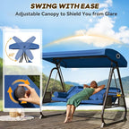 3 in 1 Outdoor Porch Swing with Adjustable Canopy, 3 Seat Outdoor Swing for Adults, Patio Swing Chair with Thickened Cushions,Pillows & Cup Holders for Backyard, Porch, Garden (Blue)