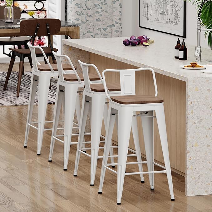 Yongchuang 30 inch Metal Bar Stools Set of 4 Bar Height Barstools with Wood Seat Low Back Kitchen Bar Chairs Cream White