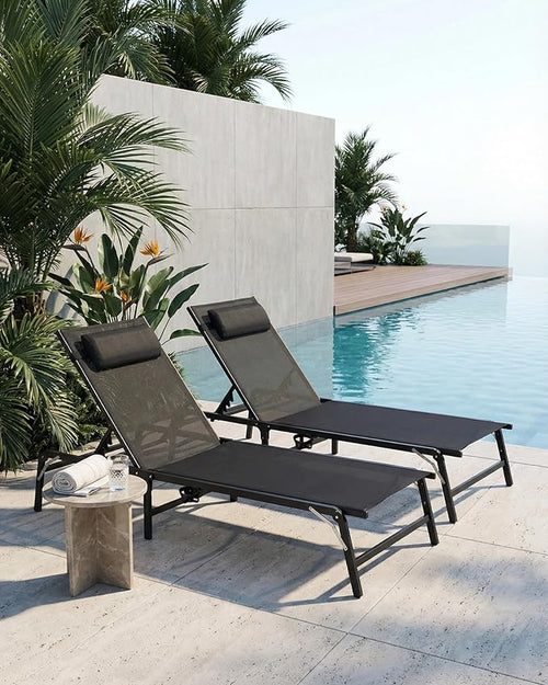 4 Pack Foldable Chaise Lounge Chair with Cup Holder, Assemble-Free Outdoor Lounge Chair with Detachable Pillow and 6 Adjustable Backrest, Patio Lounge Chair for Outside Poolside Beach Pool, Black