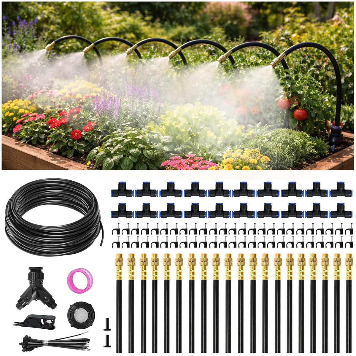 66ft drip irrigation system kit dual-zone garden atomizing, main product view