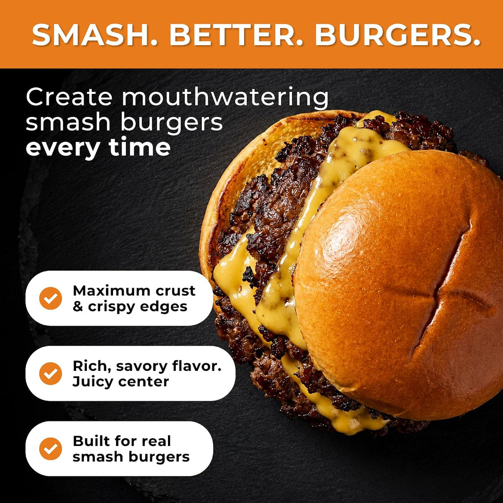 The Burger Smasher™ Pre-Seasoned Heavy Duty Cast Iron Smash Burger Press Kit - Heat Resistant Burger Smasher for Griddle, Food, Chef, Meat & Cooking Press, Hamburger Smasher - 30 Patty Paper