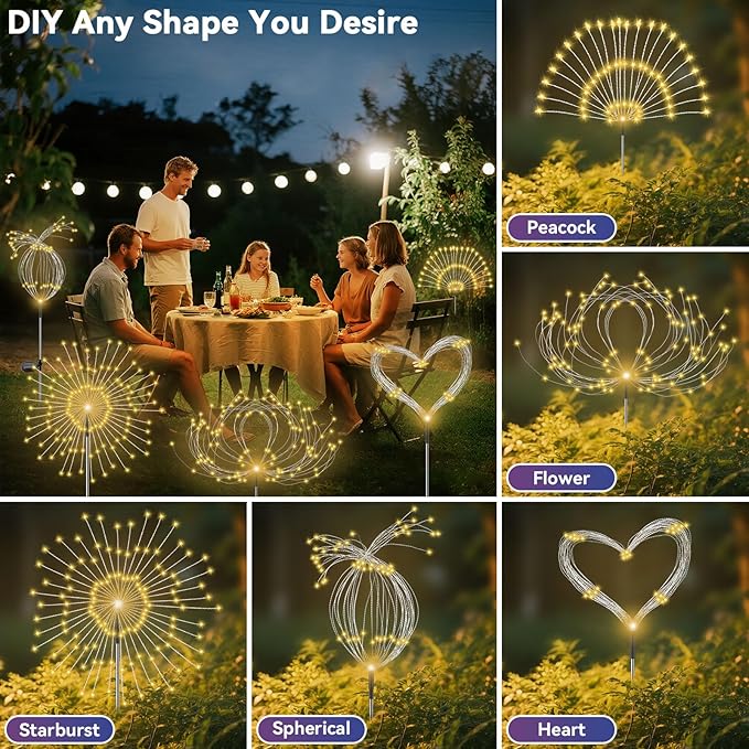 Garden Outdoor Lights, 2 Pack 120 LED Solar Garden Lights Fairy Lights Outdoor Waterproof Decorative Solar Firework Lights for Yard Patio Pathway Flowerbed Party Wedding Decor, Warm White